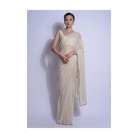 Cream Gold Saree In Shimmer Georgette With Embellished  Floral Buttis Online - Kalki Fashion