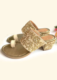 Cream Heels With Gold Zari And Moti Work N Floral Design By Sole House