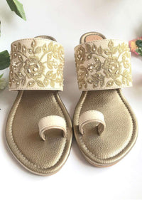 Cream Heels With Gold Zari And Moti Work N Floral Design By Sole House