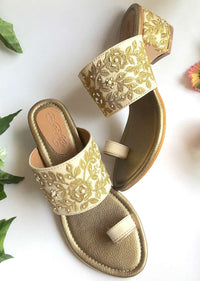 Cream Heels With Gold Zari And Moti Work N Floral Design By Sole House