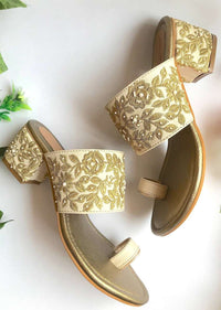 Cream Heels With Gold Zari And Moti Work N Floral Design By Sole House