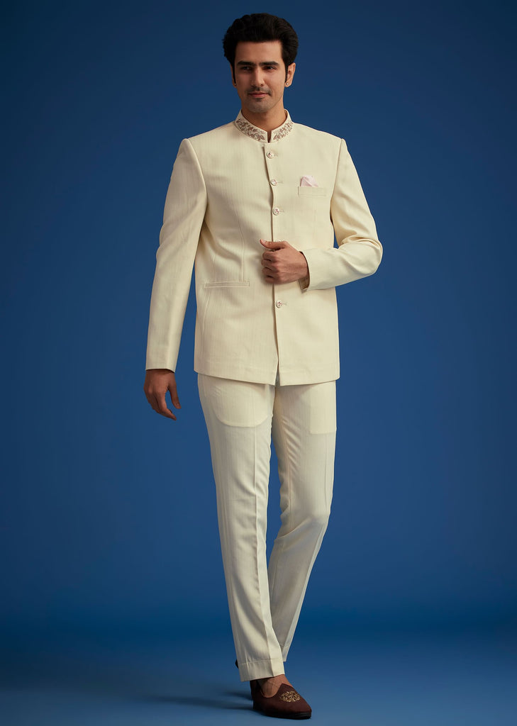 Cream Jodhpuri Suit With Handwork Collar