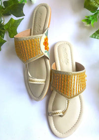 Cream Kolhapuri Flats With Traditional Zari Work And Accents Of Orange Velvet Rose Patchwork And Thread Online By Sole House