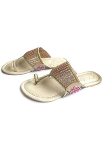 Cream Kolhapuri Flats With Traditional Zari Work And Accents Of Pink Velvet Rose Patchwork And Thread Online By Sole House