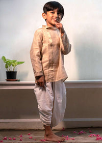 Kalki Boys Cream Kurta In Hand-woven Cotton Silk With Zari Enhanced Placket And Twisted Design At The Neck Love The World Today