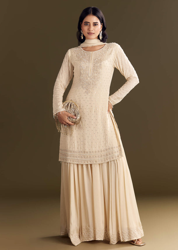 Cream Kurta Palazzo Set With Cutdana And Sequins Work