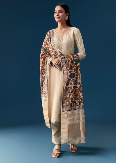 Cream Kurta Set With Resham And Moti Work