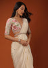 Cream White Ready Pleated Saree With Floral Hand Work On The Blouse