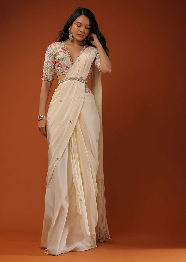 Cream White Ready Pleated Saree With Floral Hand Work On The Blouse