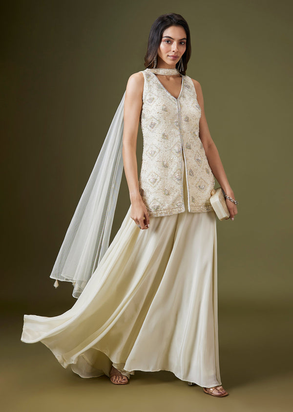 Ivory Hand Embellished Organza Palazzo Set with Choker Dupatta
