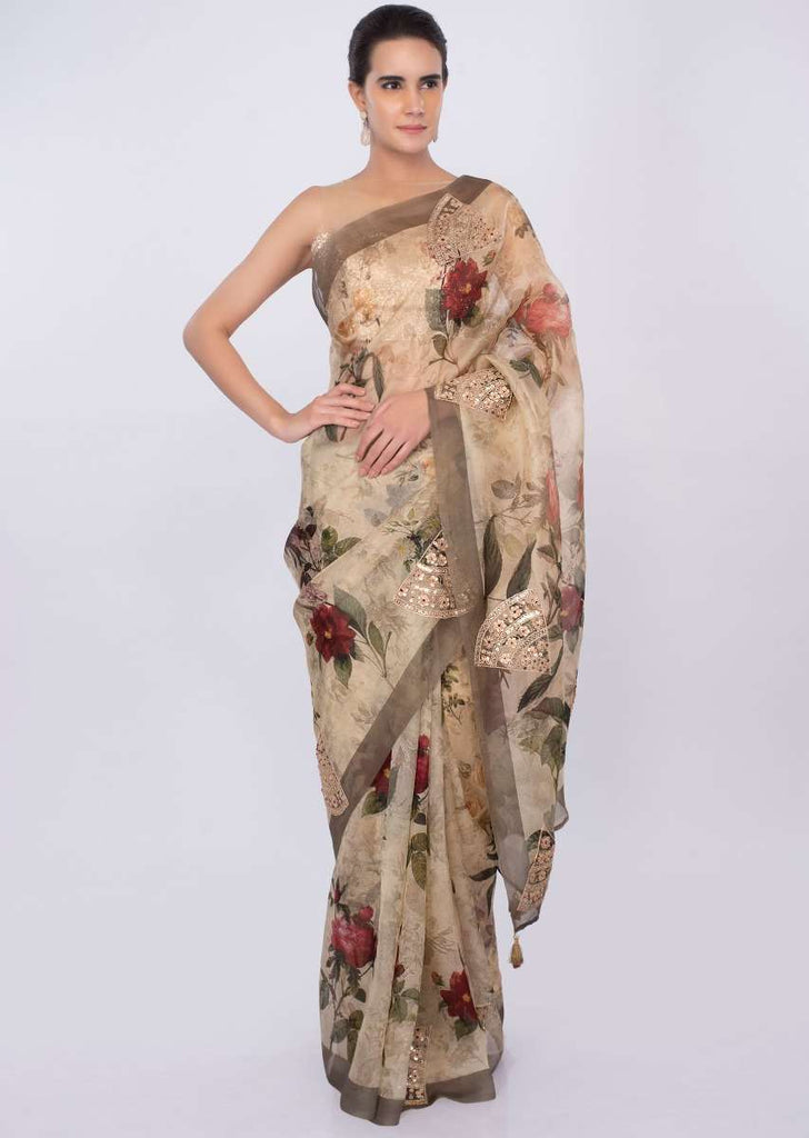 Cream organza floral printed saree with embroidered butti only on kalki