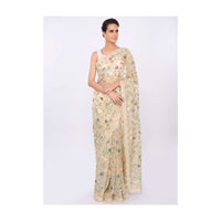 Cream organza saree with floral jaal work only on kalki