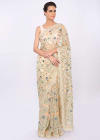 Cream organza saree with floral jaal work only on kalki