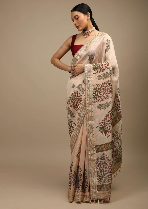 Cream Peach Saree In Tussar Silk With Printed Floral And Botanical Motifs And Gotta Patti Embroidered Border Online - Kalki Fashion