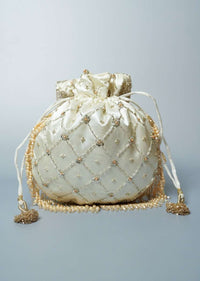 Cream Potli Bag Adorned In Heavy Cut Dana Work In Checks