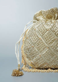 Cream Potli Bag Adorned In Heavy Cut Dana Work In Checks