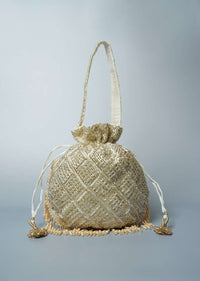 Cream Potli Bag Adorned In Heavy Cut Dana Work In Checks