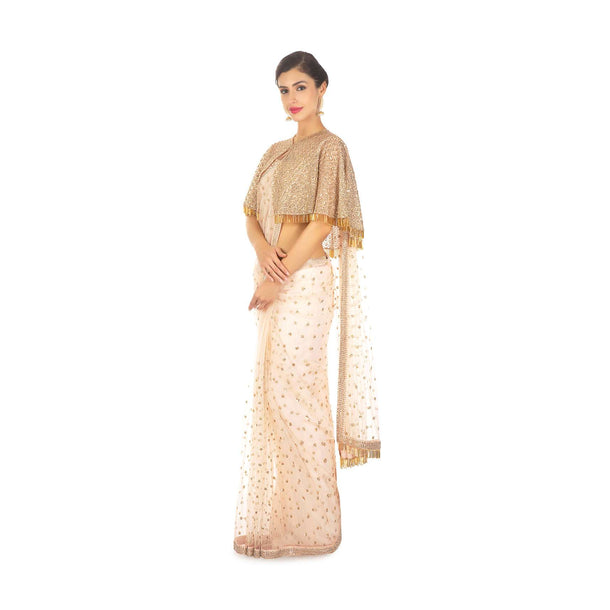 Cream rose net saree in sequins butti and cut dana borde