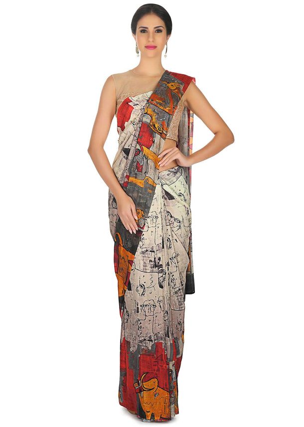 Cream saree in abstract human face print all over only on Kalki