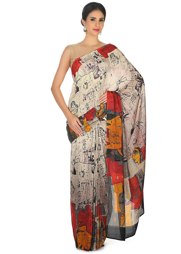 Cream saree in abstract human face print all over only on Kalki