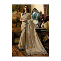 Cream Saree in georgette silk with floral resham butti Online - Kalki Fashion