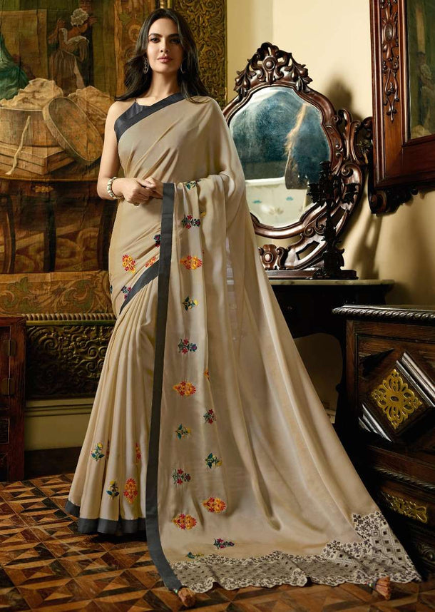 Cream Saree in georgette silk with floral resham butti Online - Kalki Fashion