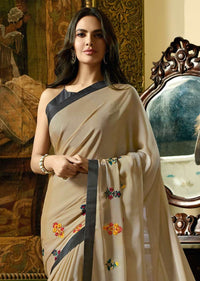 Cream Saree in georgette silk with floral resham butti Online - Kalki Fashion