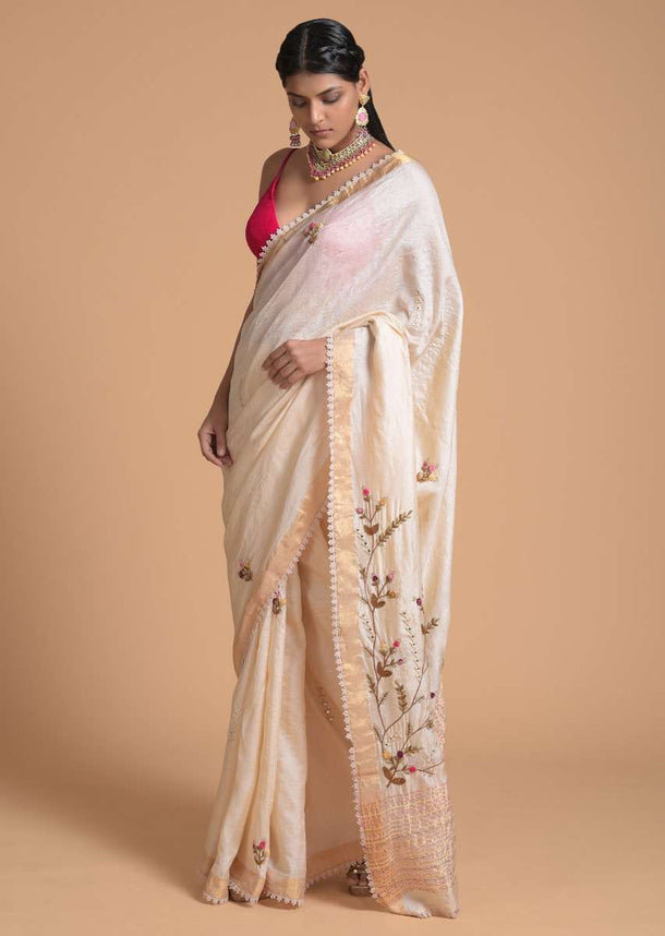 Cream Saree In Tussar Silk With Bud Embroidered Buttis And Abla Border Online - Kalki Fashion