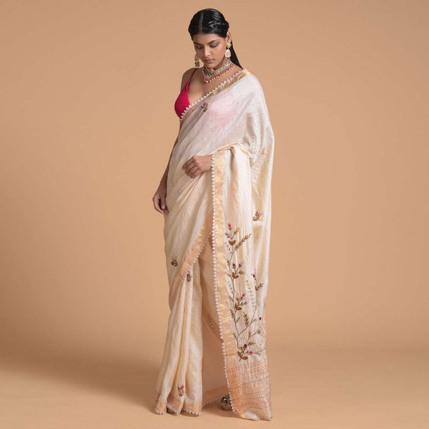 Cream Saree In Tussar Silk With Bud Embroidered Buttis And Abla Border Online - Kalki Fashion