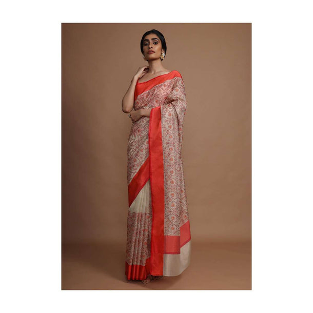 Cream Saree With Red Border And Resham Embroidered Floral Jaal Online - Kalki Fashion