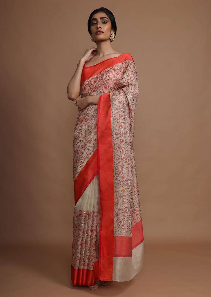 Cream Saree With Red Border And Resham Embroidered Floral Jaal Online - Kalki Fashion