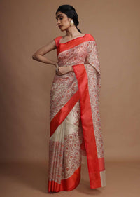 Cream Saree With Red Border And Resham Embroidered Floral Jaal Online - Kalki Fashion