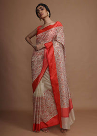 Cream Saree With Red Border And Resham Embroidered Floral Jaal Online - Kalki Fashion