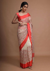 Cream Saree With Red Border And Resham Embroidered Floral Jaal Online - Kalki Fashion