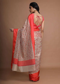 Cream Saree With Red Border And Resham Embroidered Floral Jaal Online - Kalki Fashion