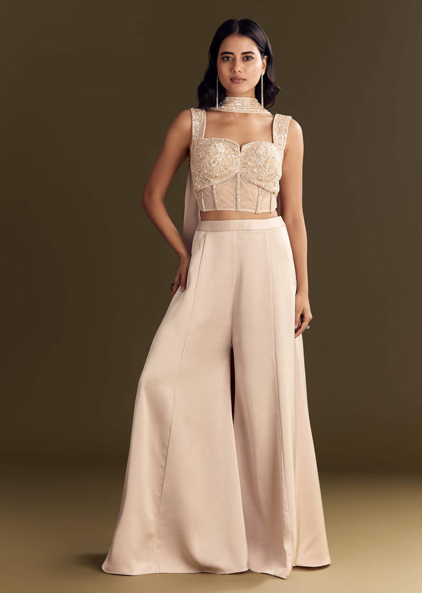 Cream Satin Bustier Palazzo Suit With Choker Dupatta