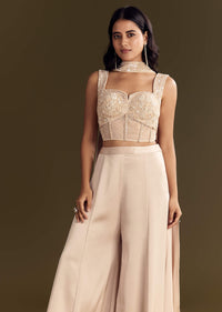 Cream Satin Bustier Palazzo Suit With Choker Dupatta