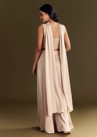 Cream Satin Bustier Palazzo Suit With Choker Dupatta
