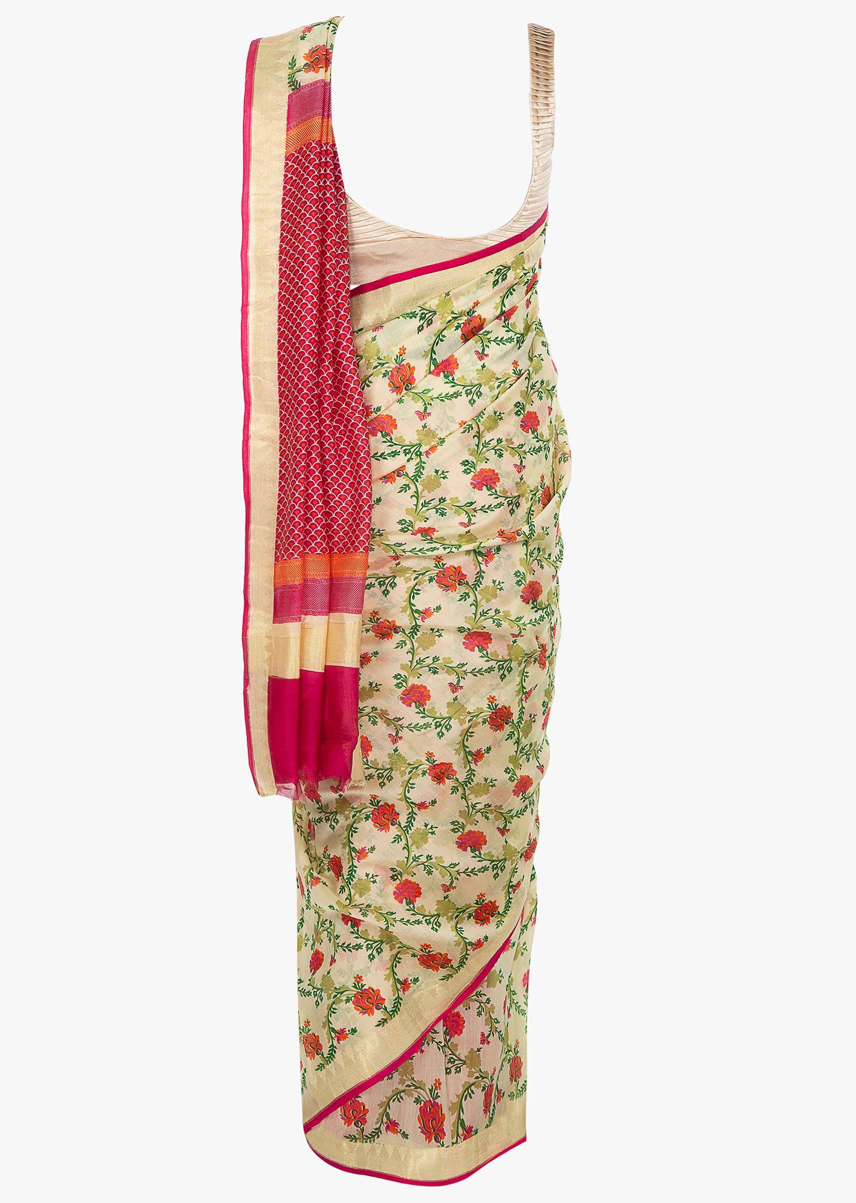 Cream satin crepe saree in floral print 