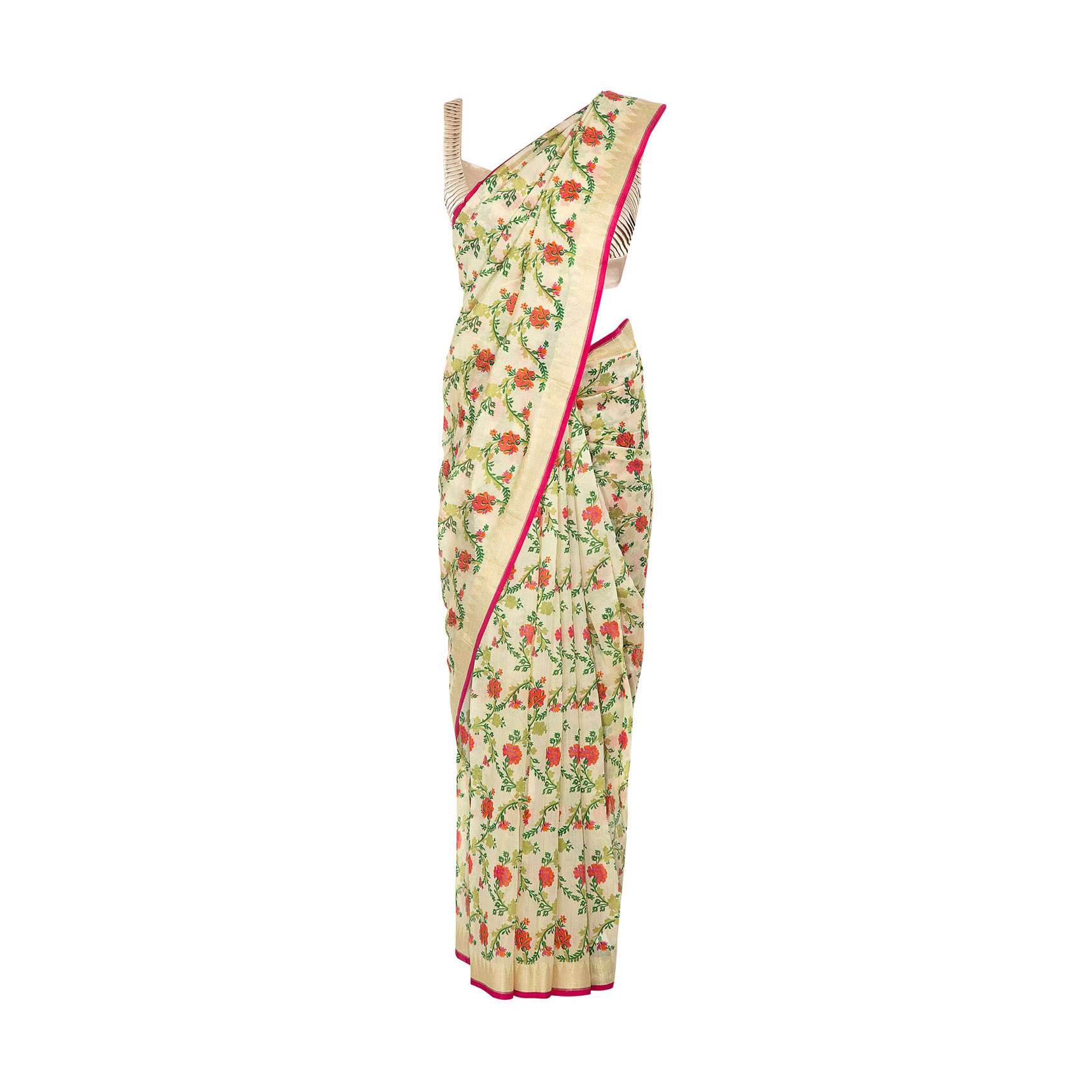 Cream satin crepe saree in floral print 