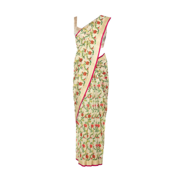 Cream satin crepe saree in floral print