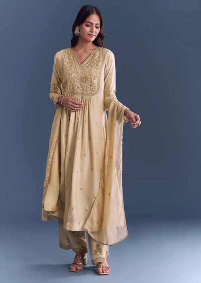 Cream Silk Anarkali Suit With Zari Thread Embroidery