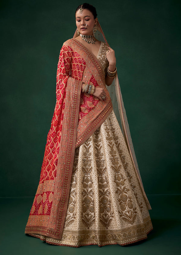 Cream Silk Embroidered Bridal Lehenga Set with Two Dupattas