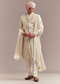 Cream Silk Sherwani For Groom With Floral And Geometric Embroidery
