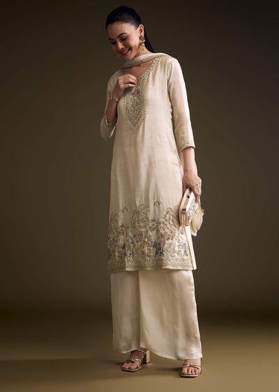 Cream Tissue Palazzo Suit With Heavy Hand Embroidery