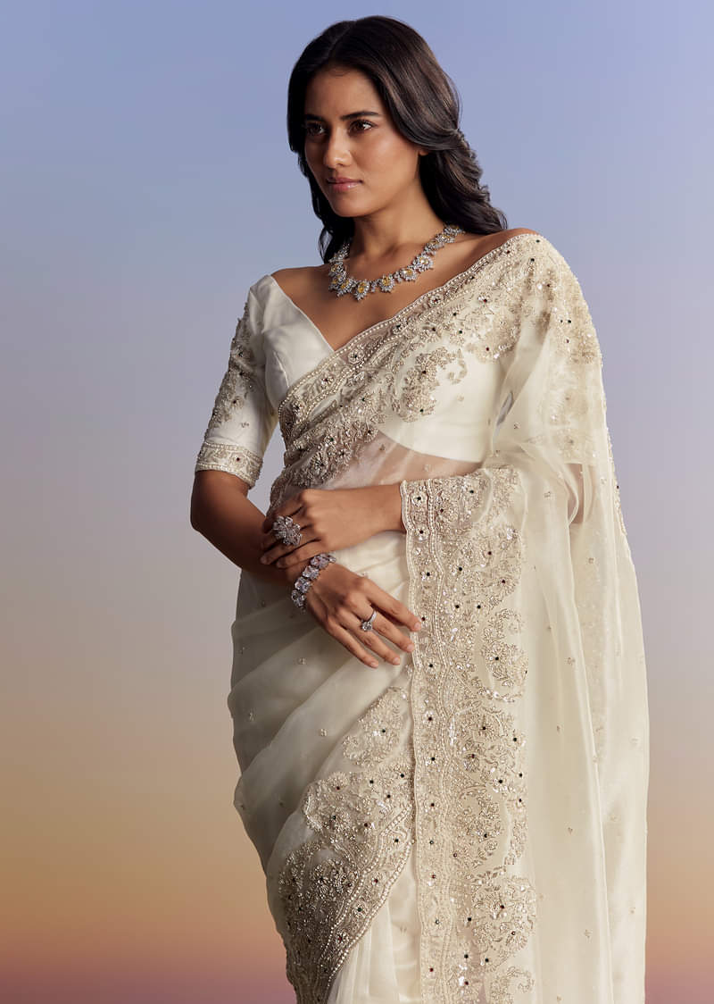 Helenium Sarees Buy Cream Tissue Saree With Sequins Floral Embroidery | KALKI FASHION UK