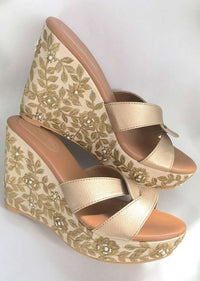 Cream Wedge Heels With Golden Zari And Beads Embroidered Floral Jaal By Sole House