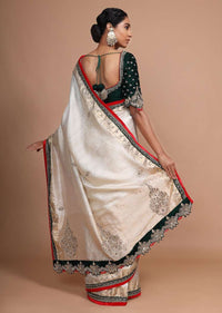 Cream White Handloom Saree In Chanderi Silk With Zardosi Work And Weaved Design Online - Kalki Fashion