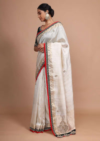 Cream White Handloom Saree In Chanderi Silk With Zardosi Work And Weaved Design Online - Kalki Fashion