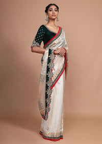 Cream White Handloom Saree In Chanderi Silk With Zardosi Work And Weaved Design Online - Kalki Fashion